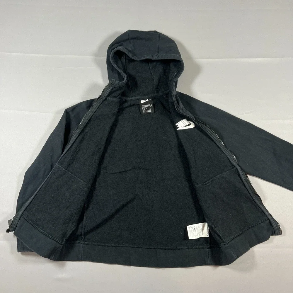 Nike Hoodie Girls Large Black Cotton Raglan Sleeve Fleece Lined Stretch Full Zip